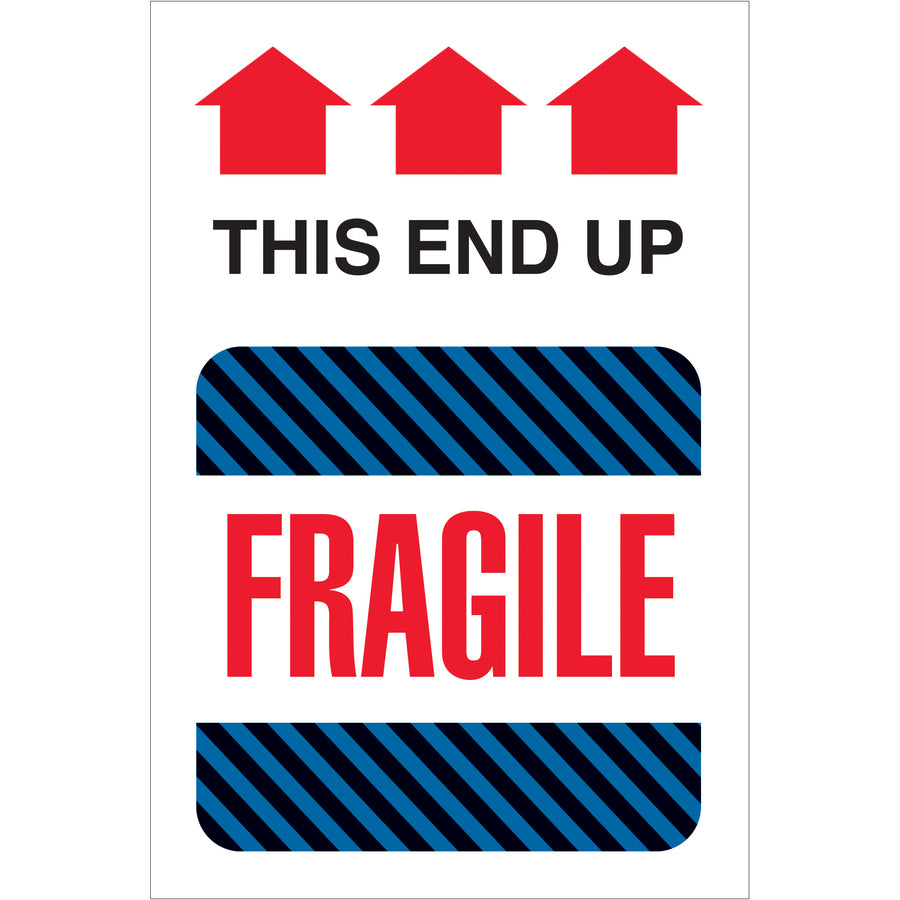 High-visibility 4x6" fragile shipping labels printed on durable semi-gloss coated paper. Roll of 500 labels ensures your fragile shipments meet DOT handling standards and demand immediate attention from handlers. Bold three-color design maximizes visibility throughout the supply chain.