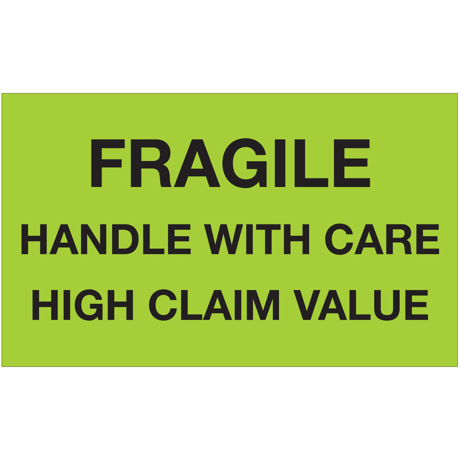 Internationally acknowledged fragile handling labels protect high-claim-value shipments with unmistakable fluorescent green visibility. Printed on durable high gloss paper stock, these 3" x 5" labels meet global compliance standards. 500 labels per roll–backed by compatible dispensers for warehouse efficiency.
