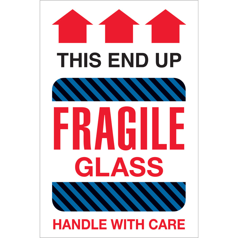 Bright red, IATA-compliant fragile glass labels protect shipments and ensure regulatory compliance. 4" x 6" semi-gloss coated paper construction delivers professional appearance and superior adhesion. Roll of 500 labels–ready to dispense with compatible tabletop or wall-mount dispensers.