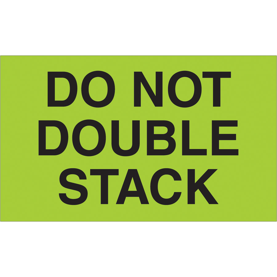 High-visibility fluorescent green Do Not Double Stack labels (3" x 5") printed on durable semi-gloss coated paper. Each roll contains 500 labels and meets international shipping standards. Recognized across multiple countries for clear, compliant special handling warnings.