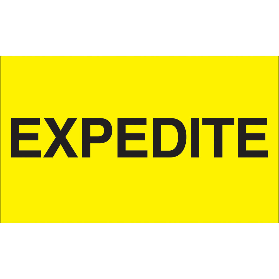 High-visibility 3" x 5" fluorescent yellow expedite labels recognized across multiple countries for special handling compliance. Printed on durable semi-gloss coated paper for superior adhesion and weather resistance. Sold as roll of 500–essential for shipping coordinators managing time-sensitive freight.