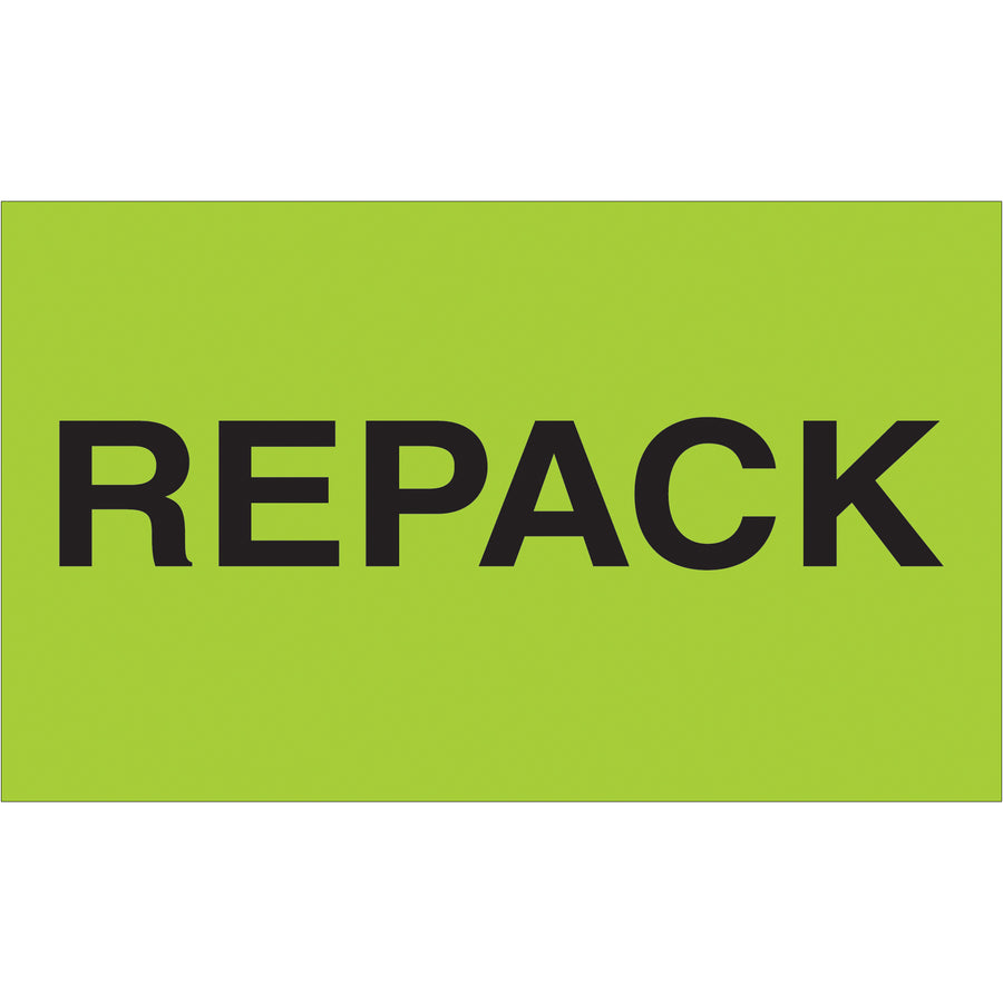 High-visibility fluorescent green repack labels designed for shipping coordinators managing international logistics. 3x5" semi-gloss coated paper labels sold in rolls of 500 units. Internationally acknowledged compliance standards ensure seamless cross-border shipment processing and carrier recognition.