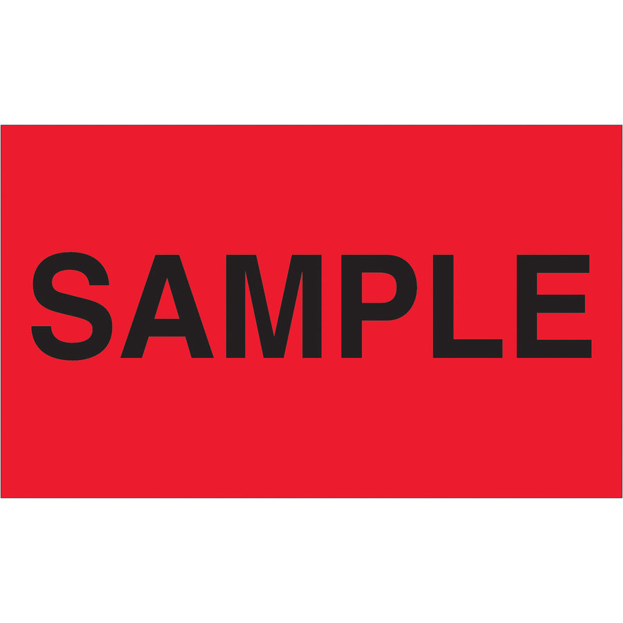 Highly visible 3x5" fluorescent red sample labels printed on durable semi-gloss coated paper. Each roll contains 500 labels and meets international shipping compliance standards. Compatible with table top and wall mount dispensers for seamless warehouse integration.