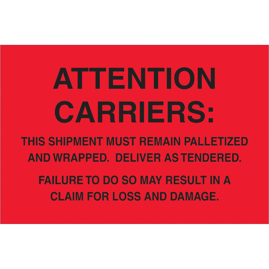 Bright fluorescent red 4x6" pallet protection labels communicate critical "Must Remain Palletized" instructions across all supply chain touchpoints. Printed on durable semi-gloss coated paper and recognized internationally for compliance. Roll of 500 labels ships ready to apply–compatible with all major tabletop and wall-mount dispensers.