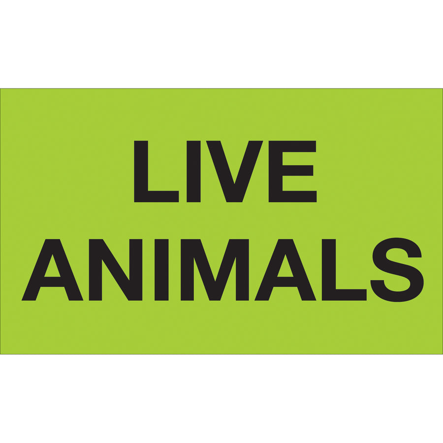 High-visibility 3x5" fluorescent green Live Animals labels ensure IATA and international compliance for animal shipments. Printed on durable semi-gloss coated paper with 500 labels per roll. Acknowledged across multiple countries for regulatory shipping requirements.