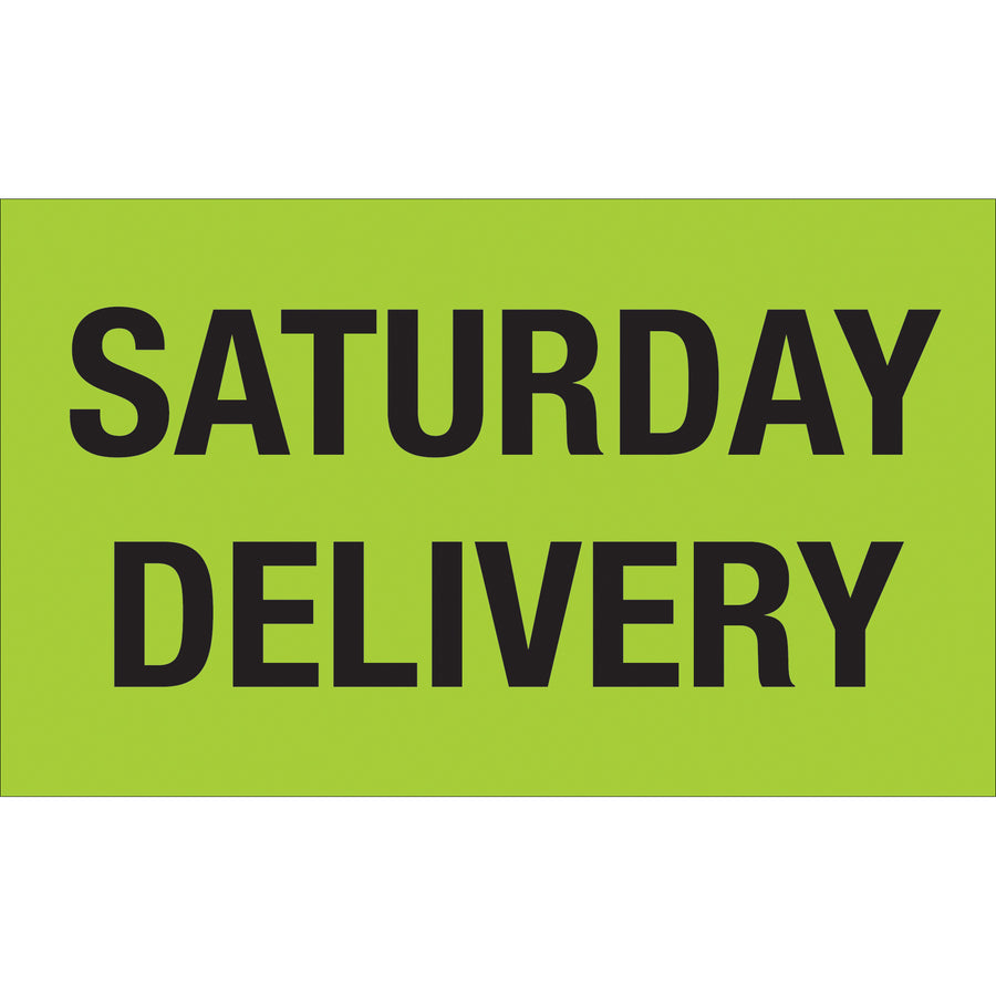 High-visibility 3x5" fluorescent green Saturday delivery labels ensure your time-sensitive shipments are instantly recognizable throughout the supply chain. Printed on durable semi-gloss coated paper with 500 labels per roll, these special handling labels meet international shipping standards and compliance requirements. Compatible with tabletop and wall-mount dispensers for streamlined warehouse operations.