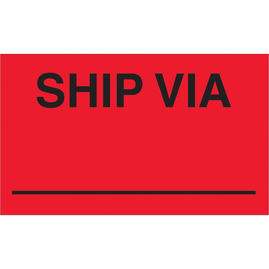 Bright fluorescent red "Ship Via" labels designed for maximum visibility in high-volume shipping operations. 3" x 5" semi-gloss coated paper construction ensures durability and professional appearance. Sold as 500-label roll with compatible tabletop and wall-mount dispensers available.