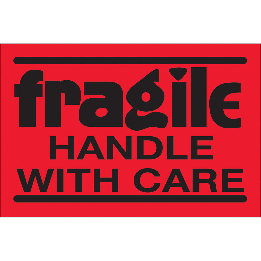 High-visibility fluorescent red shipping labels that command immediate attention from warehouse staff and carriers. Each 2x3" semi-gloss label features bold "Fragile - Handle With Care" text in solid black for maximum readability. Roll of 500 labels designed for efficient dispensing with compatible tabletop and wall-mount systems.