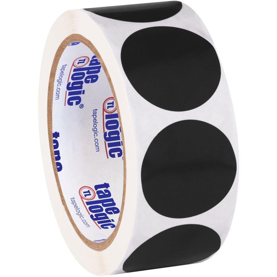 Mark and identify inventory fast with 1.5" diameter black circle labels on a convenient 500-label roll. The paper material accepts pen and marker writing for flexible labeling workflows. Compatible with tabletop and wall-mount dispensers for organized label access across your warehouse or facility.