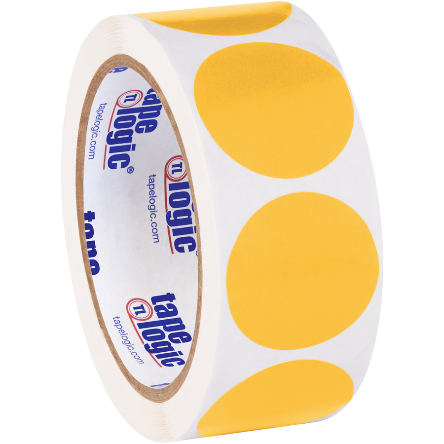 High-visibility fluorescent orange circle labels designed for rapid inventory identification in busy logistics and shipping operations. 1.5" diameter paper labels sold in rolls of 500, write-on compatible with pens and markers. Pair with tabletop or wall-mount dispensers for efficient warehouse organization and compliance tracking.