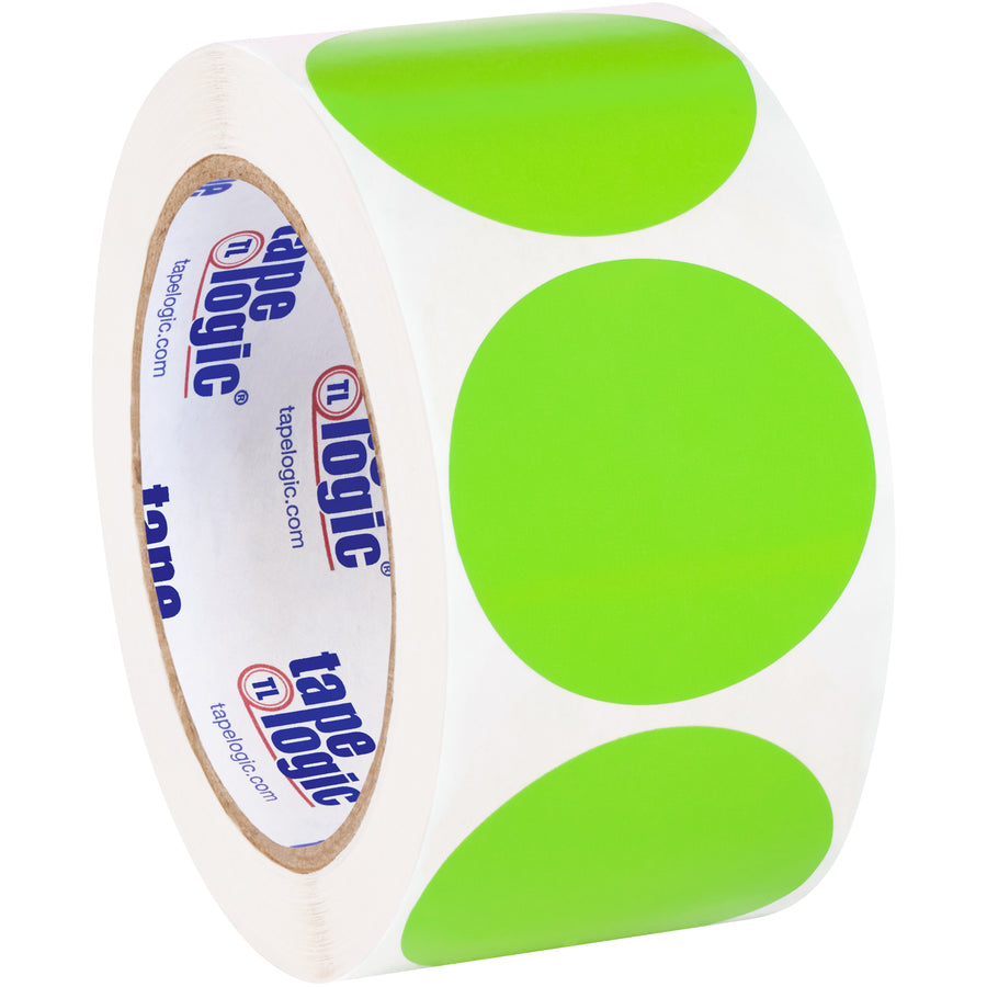 High-visibility fluorescent green circle inventory labels designed for instant facility identification. 2" diameter paper labels sold as a roll of 500, writable with pens or markers. Compatible with multiple tabletop and wall-mount dispensers to streamline your warehouse labeling workflow.