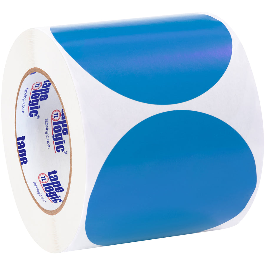 Quickly identify and organize key items in your warehouse or facility with these 4" light blue inventory circle labels. The bright paper surface writes easily with pens or markers, making them ideal for shipping coordinators managing mixed SKUs. Sold as a convenient 500-label roll with compatible dispensers available.