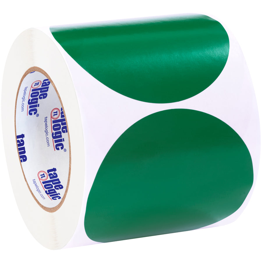 Bright green 4" diameter circle inventory labels make high-visibility identification fast and effortless across your warehouse or distribution center. These paper labels accept pen and marker markings for real-time tracking, shipping with 500 labels per roll. Compatible with both tabletop and wall-mount dispensers for flexible application.