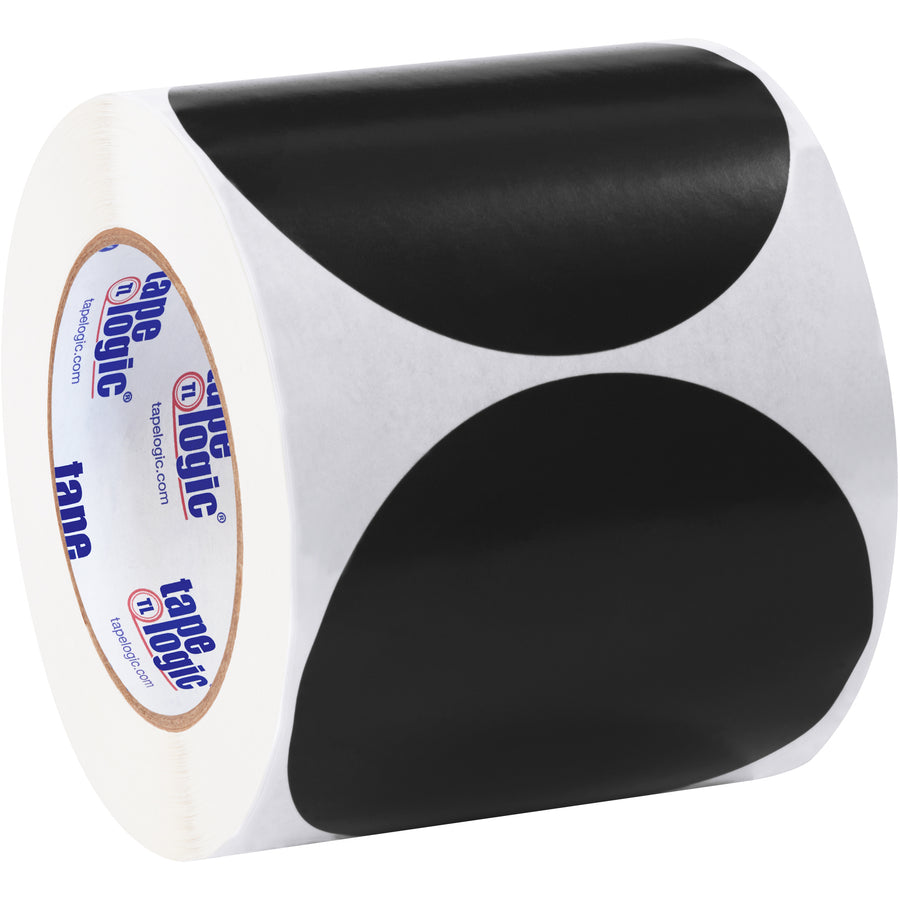 High-visibility 4" black circle inventory labels designed for rapid warehouse and facility marking. Paper material accepts pen and marker writing for immediate identification. Roll of 500 labels with optional tabletop and wall-mount dispenser compatibility.