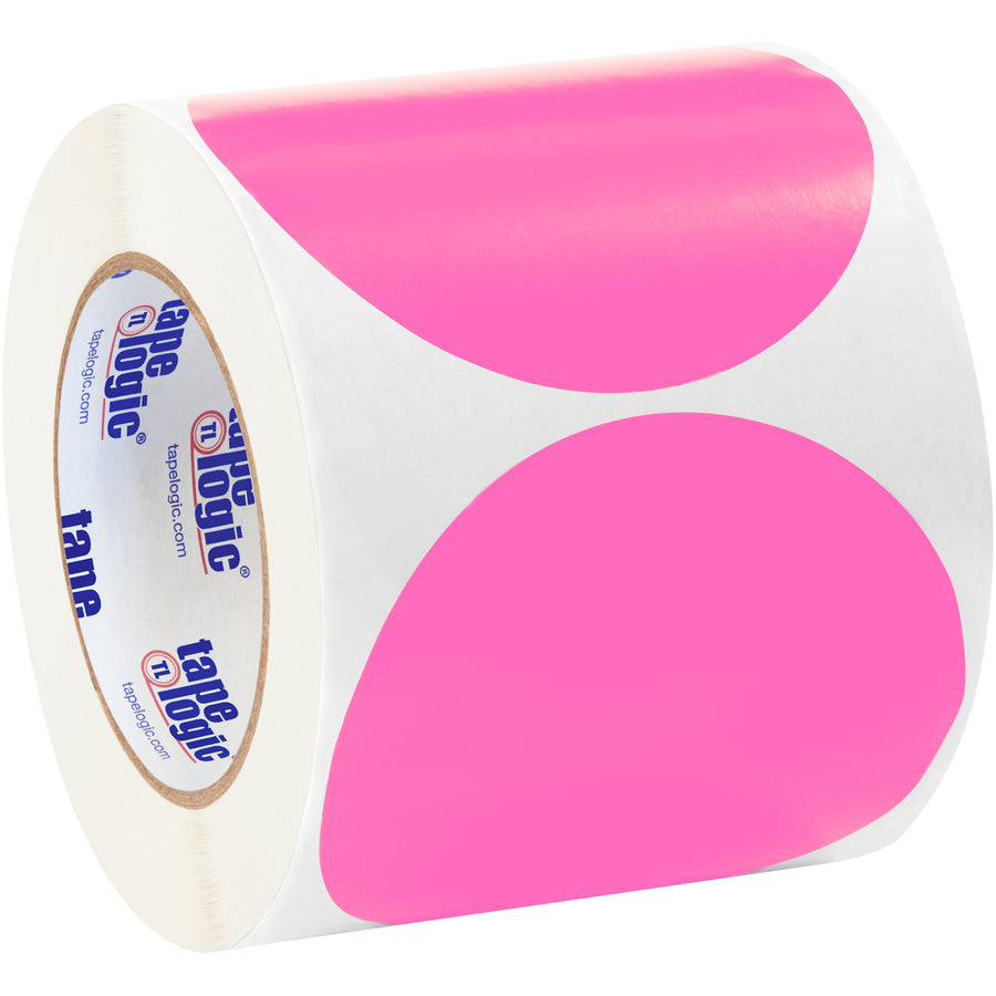 Maximize visibility and streamline warehouse organization with these 4" fluorescent pink circle inventory labels. Writable paper construction allows pen or marker application for immediate identification of key items. Sold as a convenient 500-label roll with compatible tabletop and wall-mount dispensers available.