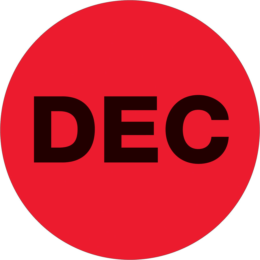 Keep your shipments compliant and organized with these 1" diameter fluorescent red "DEC" month labels. High-gloss paper construction with pressure-sensitive adhesive ensures reliable adhesion to boxes, pallets, and containers. Each roll contains 500 labels for extended inventory management.