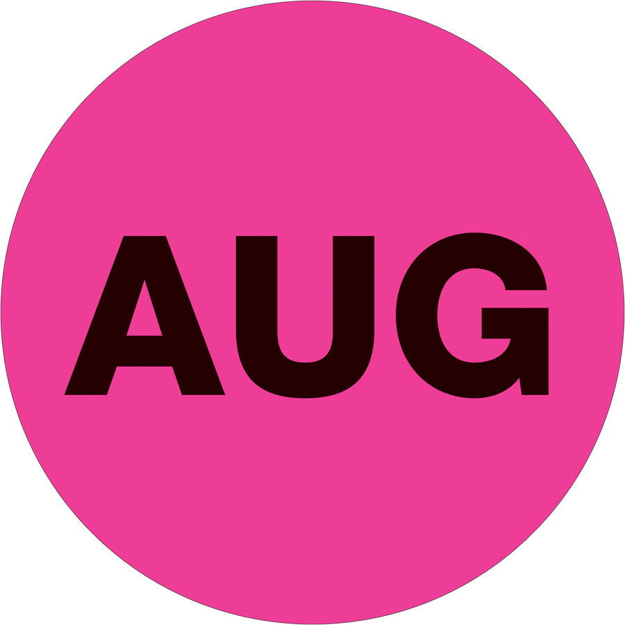 Fluorescent pink 2" diameter circle month labels pre-printed with "AUG" for instant inventory dating and organization. Pressure-sensitive adhesive on high-gloss paper ensures secure application to boxes, bins, and containers. Roll of 500 labels provides consistent, professional dating throughout your warehouse or distribution center.