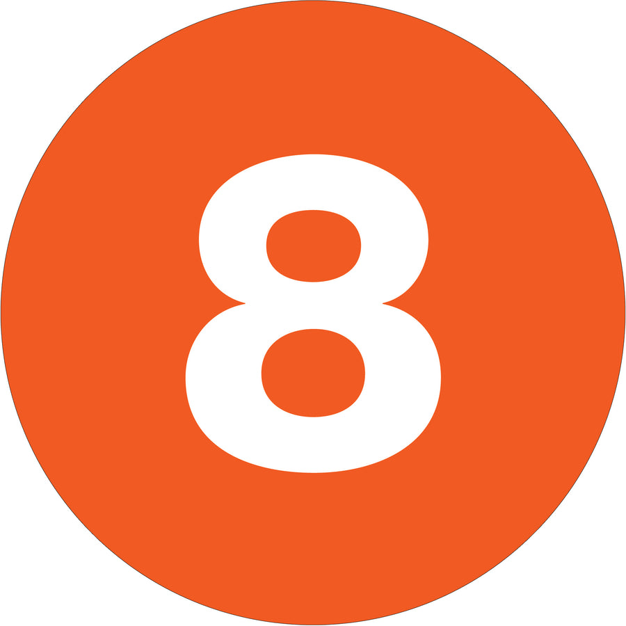 High-gloss 1" orange circle number labels deliver maximum visibility for inventory management and facility organization. Pre-printed on durable paper stock and sold as a roll of 500 labels. Quickly identify key items, storage locations, and shipment contents with bold, easy-to-read numbering.
