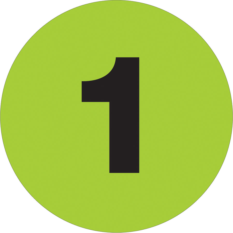 Drive inventory accuracy and compliance with these 1" diameter fluorescent green circle number labels printed on premium high-gloss paper. Each roll contains 500 pre-printed labels designed for immediate application to packages, bins, and shelving. Compatible with standard tabletop and wall-mount label dispensers for streamlined warehouse operations.