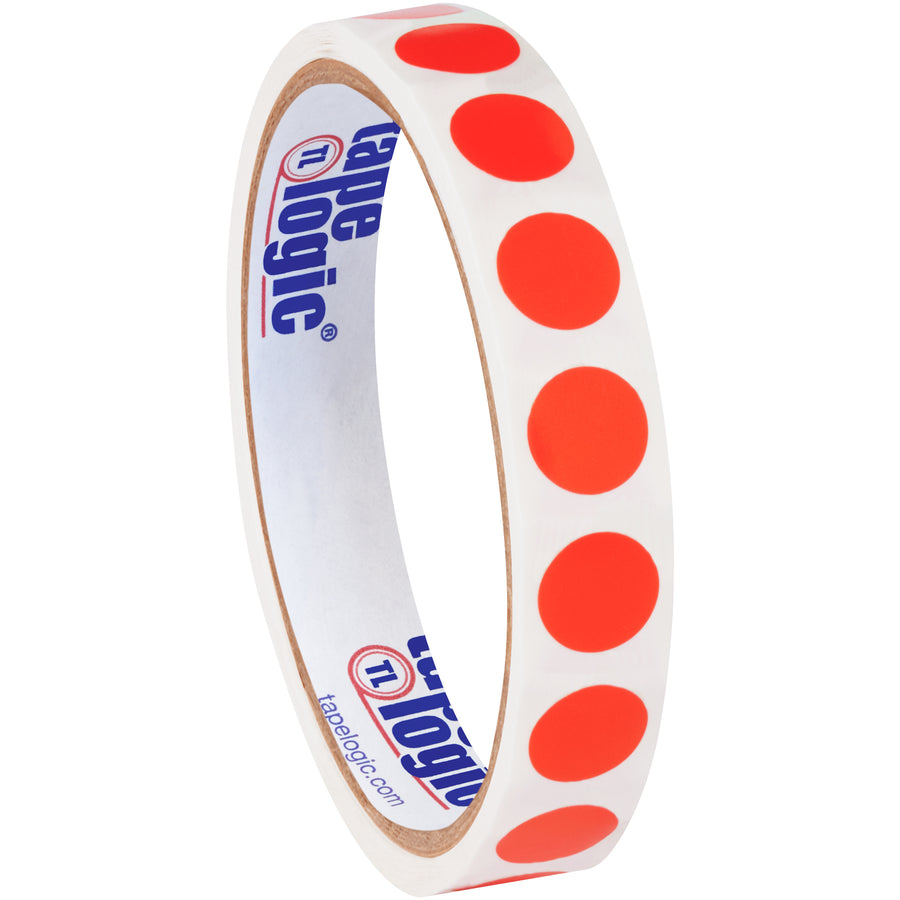 High-visibility 1/2" diameter fluorescent red circle inventory labels designed for rapid facility identification and organization. Paper material accepts pen or marker writing. Sold as convenient 500-label roll with compatible tabletop and wall-mount dispensers available.