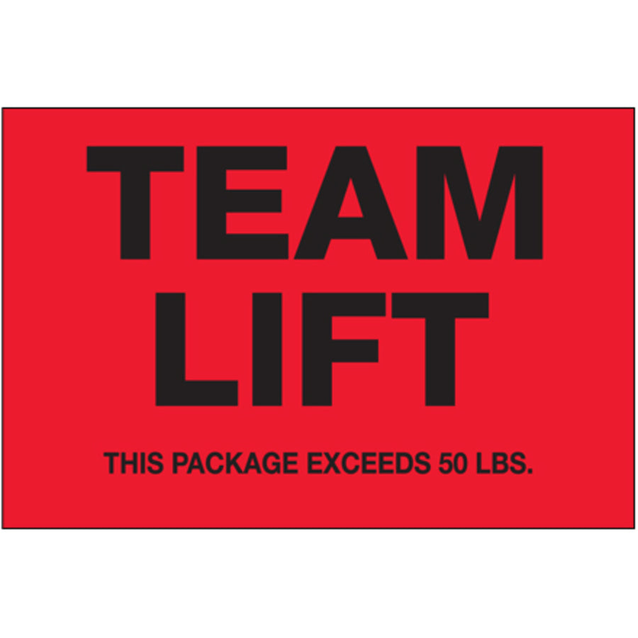 High-visibility fluorescent red safety labels designed for team lift and handling instructions. These durable 2" x 3" polyester labels feature moisture-resistant, thermally stable construction with strong acrylic adhesive that resists oozing on any surface. Roll of 500 labels per order.