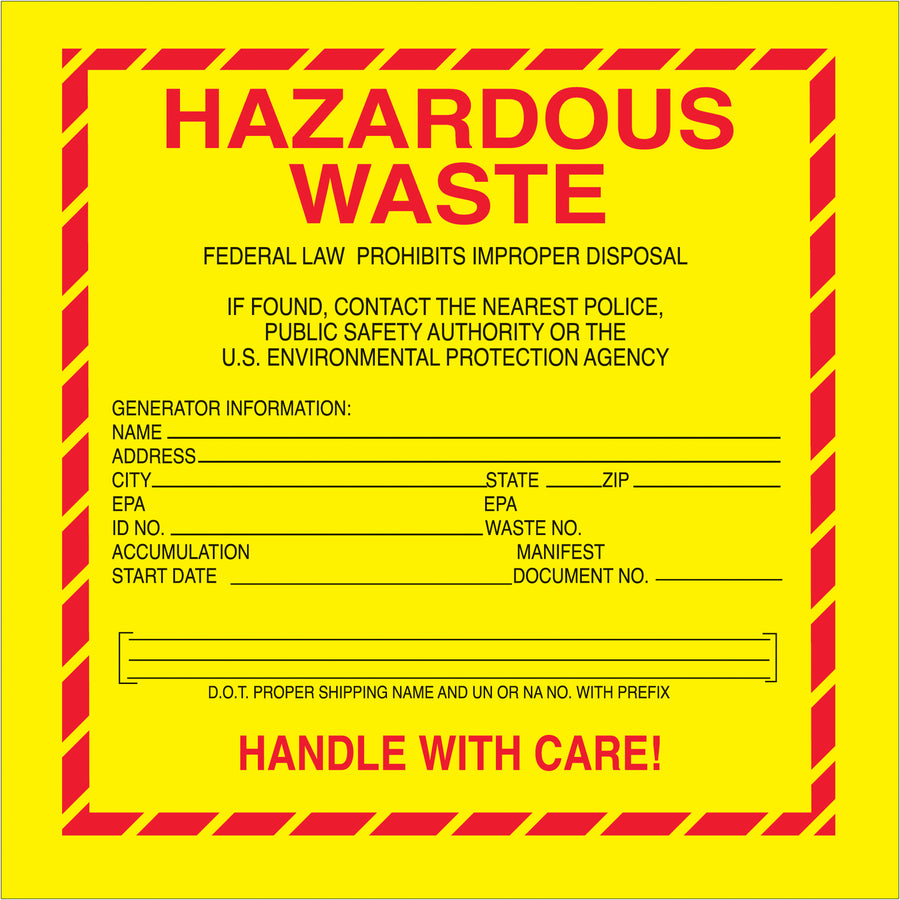 Industrial-grade 6x6" hazardous waste labels ensure DOT compliance on every shipment. Vinyl construction with writable surface for custom notes. Roll of 500 labels reduces reordering frequency and keeps your shipping operation moving.