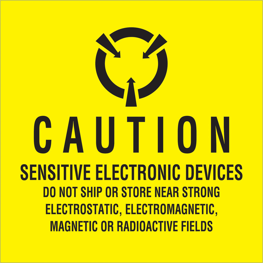 Meet international compliance standards with Packrift's 4x4" Sensitive Electronic Devices labels–essential for shipping and logistics coordinators handling electronics. Semi-gloss coated paper construction in high-contrast black/yellow provides maximum visibility throughout the supply chain. Sold as a roll of 500 with compatible table-top and wall-mount dispensers in stock.