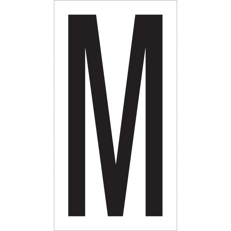 Professional-grade vinyl warehouse letter labels sized 3.5" with permanent adhesive backing for durable rack and bin identification. Pre-cut 4" x 2.1/8" labels ship in cases of 50, ready to apply across your warehouse or distribution center. Black and white color scheme ensures maximum visibility and compliance with standard warehouse organization systems.