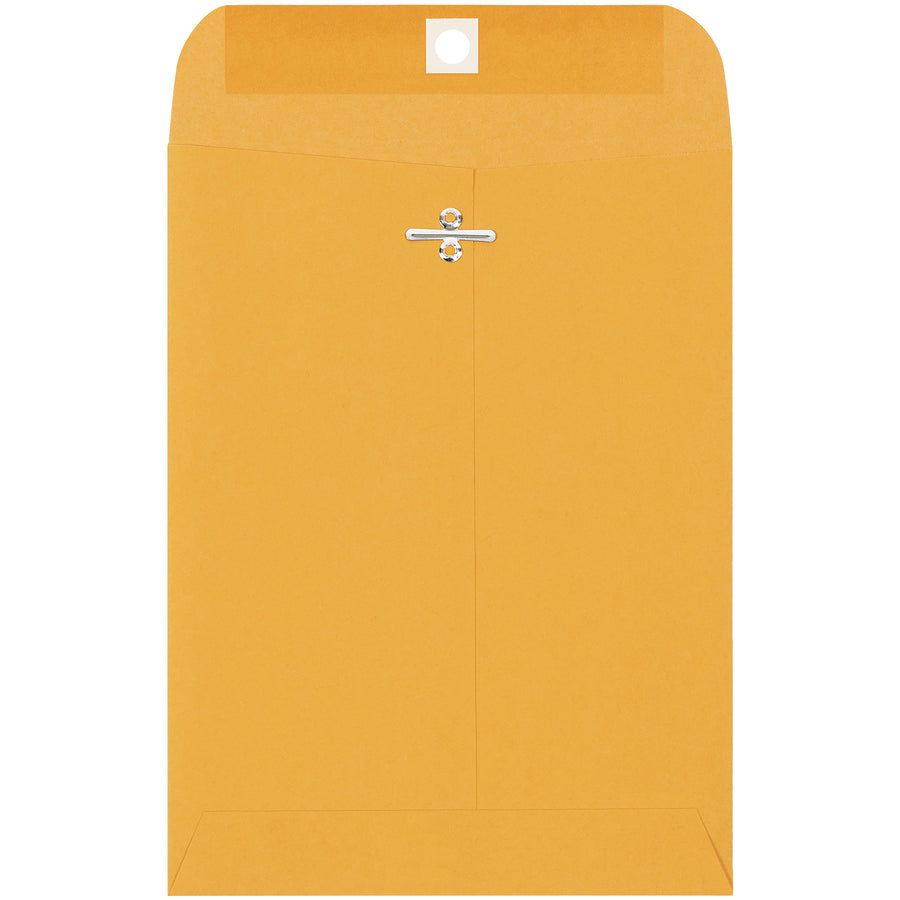 Heavy-duty 28 lb. woven kraft clasp envelopes sized 9.5 x 6.5" with reinforced metal clasps for secure, reusable storage and shipping. Gummed flap creates a permanent seal when moistened. Buy by the case (1000 count) and reduce per-unit costs for your mailroom or shipping department.