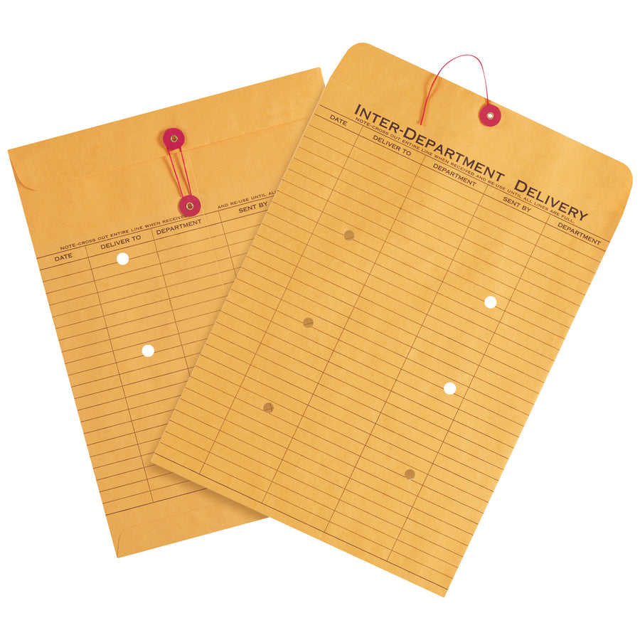 Keep internal company mail organized and compliant with these 10x13" kraft inter-department envelopes. Built from durable 28 lb. kraft paper with string-tie closure for repeated use, pre-printed with routing columns (Date, Deliver To, Department, Sent By, Department) and 52 entry spaces on both sides. Order by the case of 100 and reduce mailroom processing time.