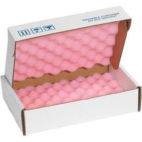 Precision shippers designed for electronics and sensitive components. Pre-glued anti-static convoluted foam bonded to 200# corrugated cartons with secure locking tabs. 12" × 8" × 2¾" dimensions per unit. Case includes 24 ready-to-use foam protection boxes.