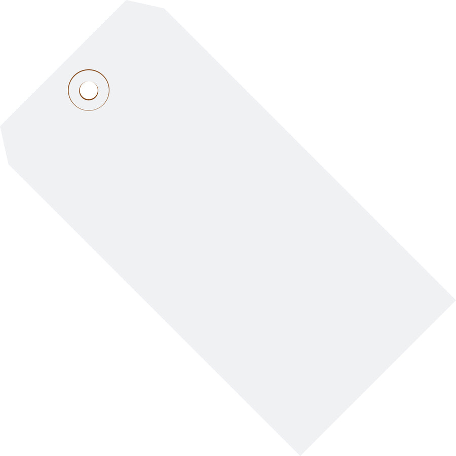 Professional-grade white shipping tags measuring 4 1/4 x 2 1/8" manufactured from heavy-duty 13 point cardstock. Each case contains 1,000 tags with reinforced 3/16" eyelets that resist tearing and wear. Attach with string or wire for reliable item coding and tracking throughout your supply chain.