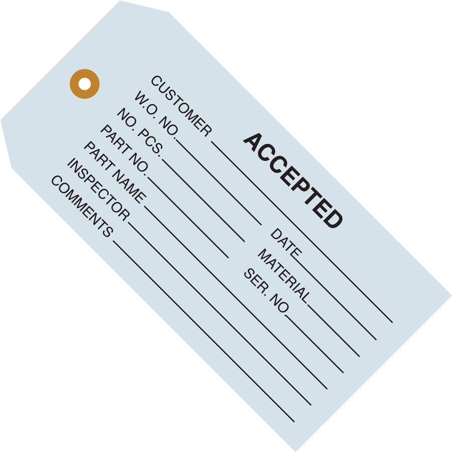 Heavy-duty blue inspection tags built for industrial quality control. 13 point cardstock with reinforced 3/16" tear-resistant eyelets ensure durability through shipping and handling. Size #5 (4 3/4" x 2 3/8") sold by the case‚1,000 tags per order.