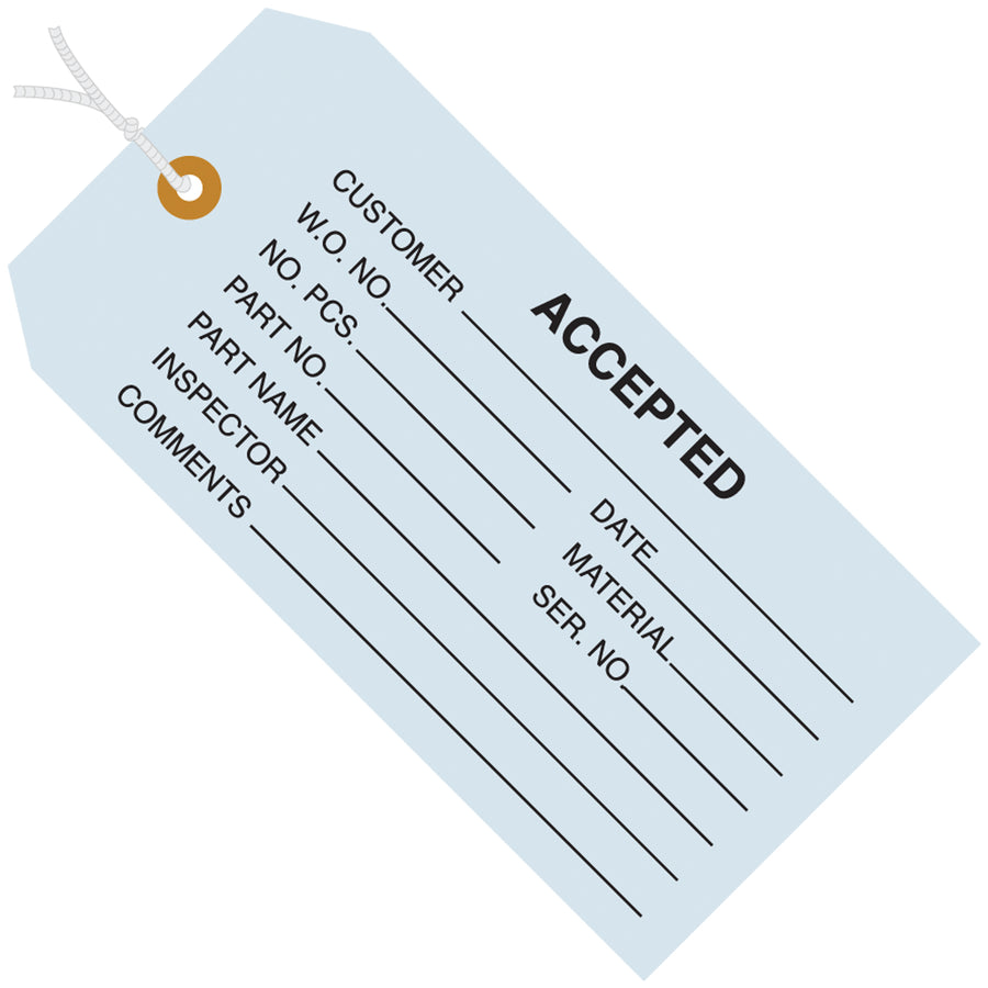 Durable 13 point cardstock inspection tags in bright blue for instant quality control visibility. Pre-strung with 12" reinforced cotton string and tear-resistant eyelets. Order by the case of 1,000 tags‚ideal for high-volume operations requiring reliable shipping and acceptance documentation.