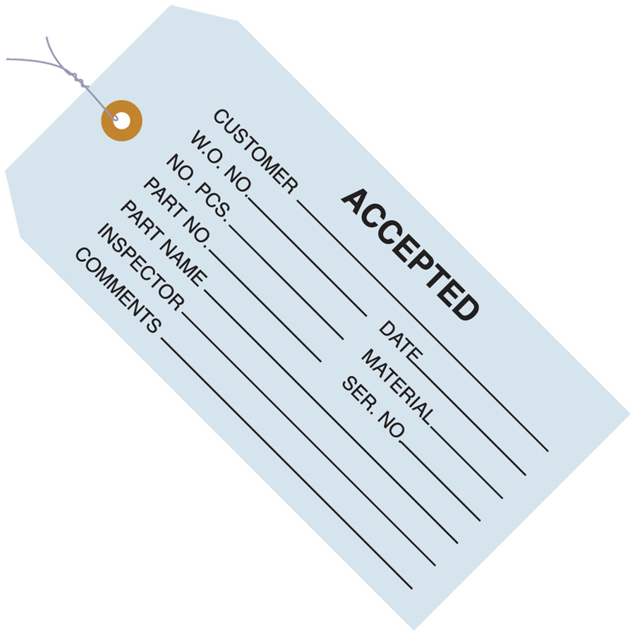 Heavy-duty 13 point cardstock inspection tags in blue, color-coded for quality control workflows. Pre-wired with 12" of 26 gauge wire and reinforced 3/16" eyelet for reliable, tear-resistant performance. Ships 1,000 tags per case.