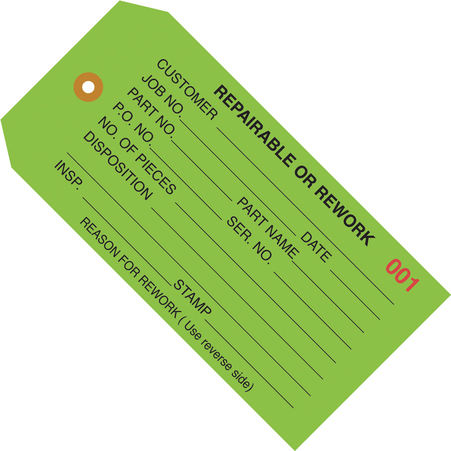 Color-coded green inspection tags streamline your quality control process with pre-numbering (000-999) and durable 13-point cardstock construction. Features reinforced 3/16" eyelets for secure attachment using string or wire. Sold in cases of 1,000 tags for maximum cost efficiency.