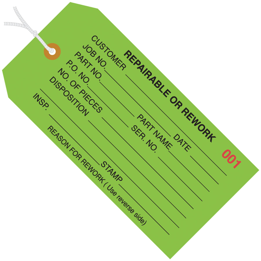 Streamline quality control with pre-numbered, color-coded green inspection tags built for durability. 13-point cardstock with reinforced 3/16" eyelet resists tearing during handling and shipping. Pre-strung with 12" cotton string–ready to use straight from the case of 1000.