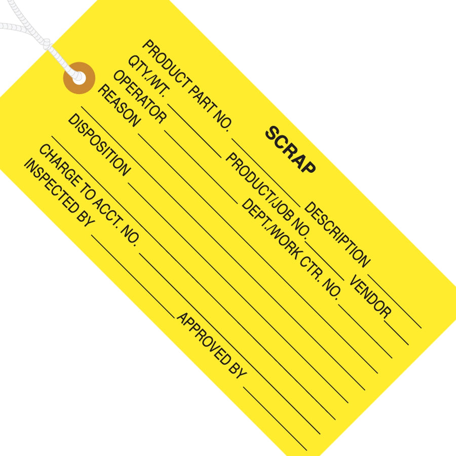 4 3/4 x 2 3/8 in 13 Pt Yellow Scrap Inspection Tags Cardstock Pre-Strung 1000/Case G20052