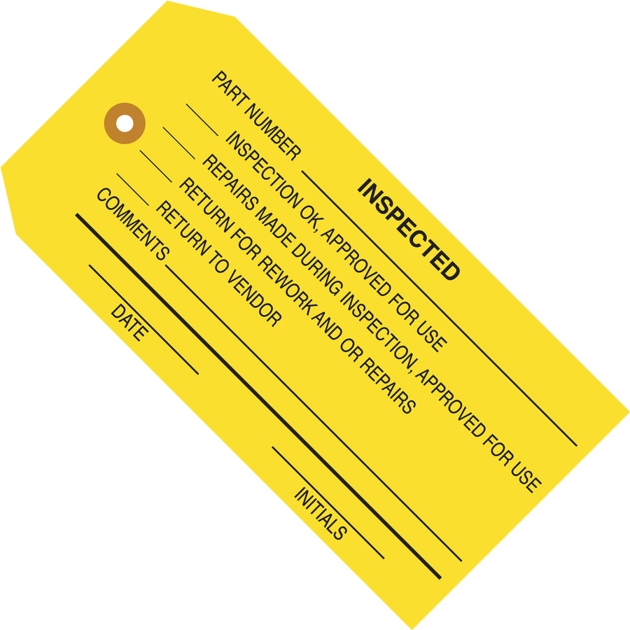 Heavy-duty yellow inspection tags deliver proven quality control visibility in your shipping and production workflows. Pre-cut 4 3/4" x 2 3/8" size with reinforced 3/16" tear-resistant eyelets and durable 13 point cardstock construction. Ships as a case of 1000‚ready to attach with string or wire.