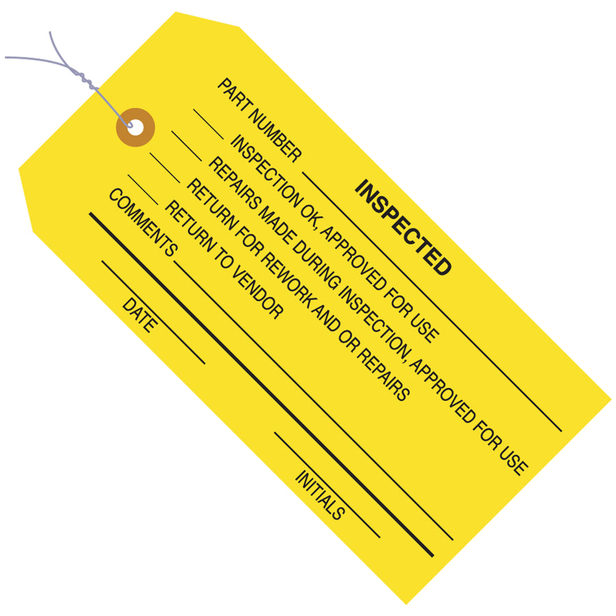 Durable 13-point cardstock inspection tags in bright yellow for instant quality control visibility. Pre-wired with 12" 26-gauge wire and reinforced 3/16" eyelet for secure, tear-resistant attachment. Sold as case of 1000 units–the cost-efficient choice for high-volume industrial operations.
