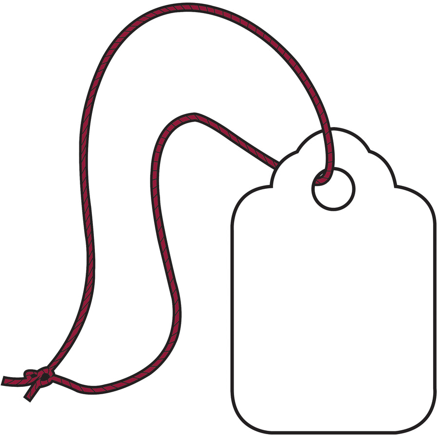 Ready-to-use pre-strung merchandise tags eliminate assembly time and reduce labor costs. 10-point white paper construction, 3/8 x 13/16" size, 1000 tags per case with magenta cotton string attached. Ideal for retail pricing, inventory control, and product identification.
