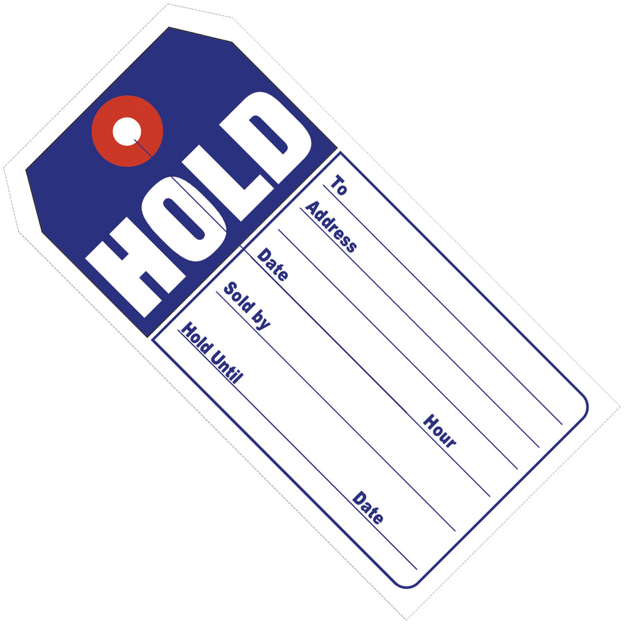 Pre-printed "HOLD" retail tags in durable 13 point cardstock with convenient string attachment slit. Bold blue/white messaging ensures visibility on shelves and displays. 500 tags per case–the cost-effective solution for consistent merchandise tagging and quick inventory management.