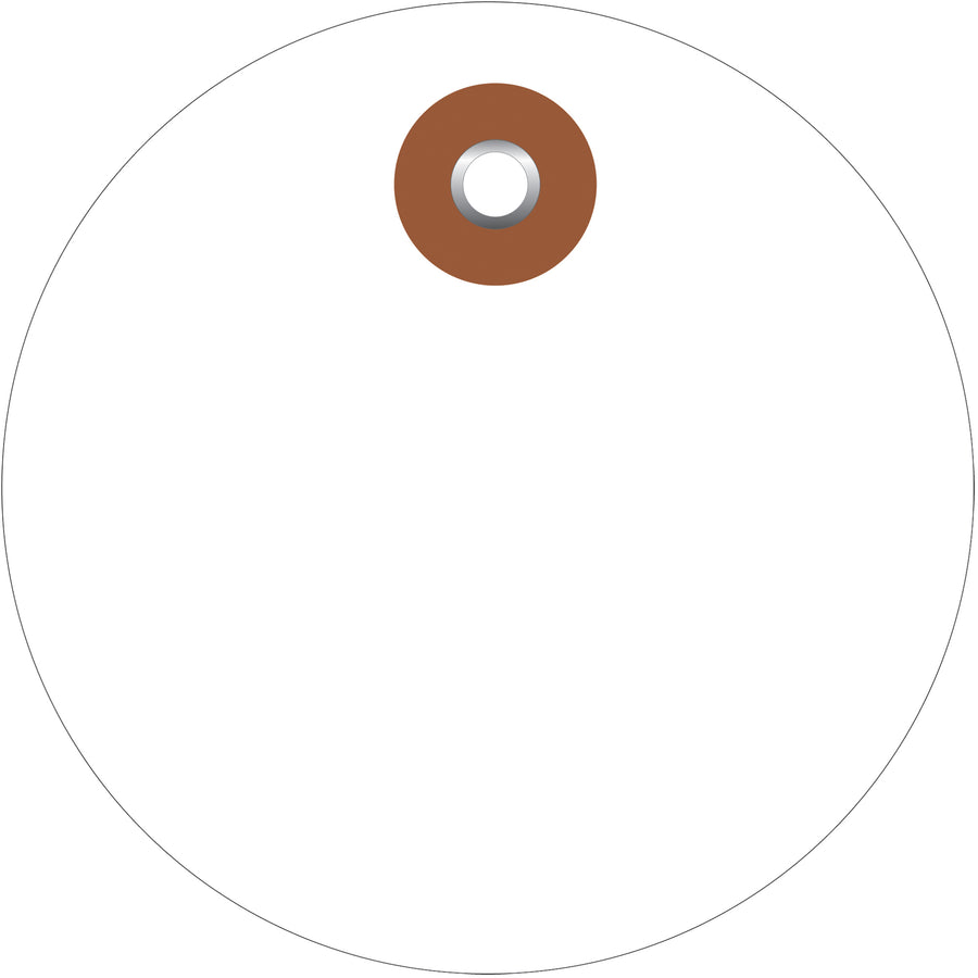 Waterproof white vinyl circle tags engineered for harsh shipping and storage environments. 2" diameter design with metal eyelets for secure attachment; sold by the case of 100 units. Tough construction withstands all-weather conditions, making them ideal for outdoor inventory management and logistics operations.