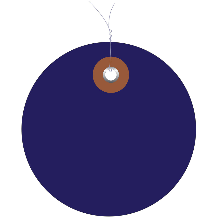 Durable 2" blue vinyl circle tags with pre-wired 12" wire and metal eyelet for instant labeling. Waterproof construction withstands rough indoor and outdoor conditions without fading or deterioration. Sold in cases of 100–cost-effective identification solution for manufacturing, logistics, and asset management.