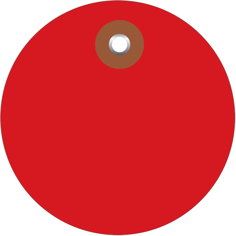 Heavy-duty 2" diameter red vinyl circle tags with metal eyelets withstand harsh shipping and storage environments. Waterproof construction resists moisture, UV damage, and extreme weather. Purchase by the case of 100 and pair with cotton string (G2501) or wire (G2500) for secure, compliant product labeling.