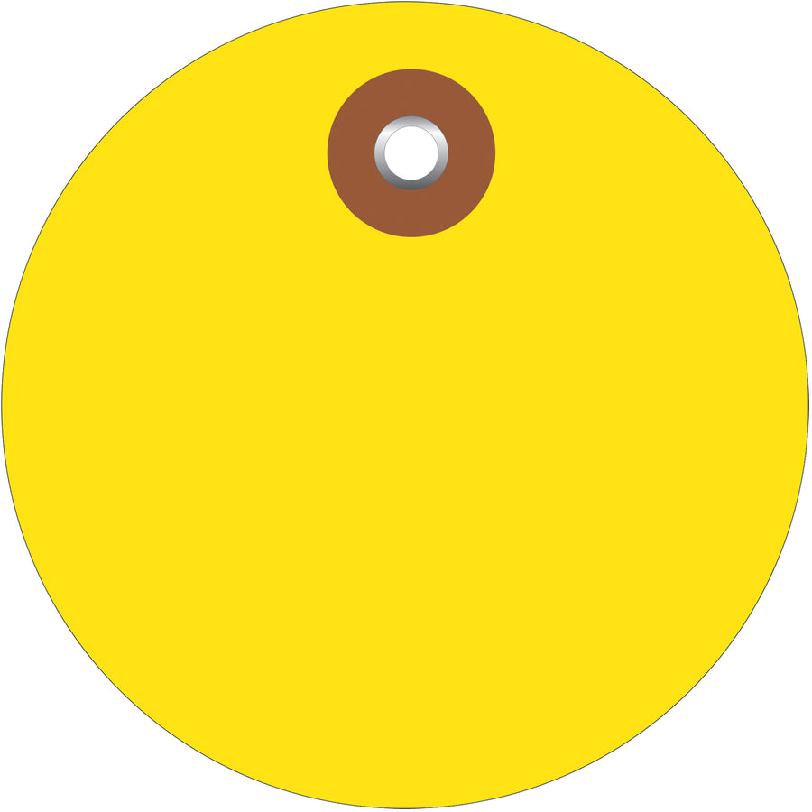 Heavy-duty 3" yellow plastic circle tags engineered for demanding warehouse and shipping environments. Waterproof vinyl construction with reinforced metal eyelet withstands extreme weather, handling, and outdoor storage. Sold as a case of 100 tags‚ready to attach with cotton string (G2501) or wire (G2500) for immediate use.