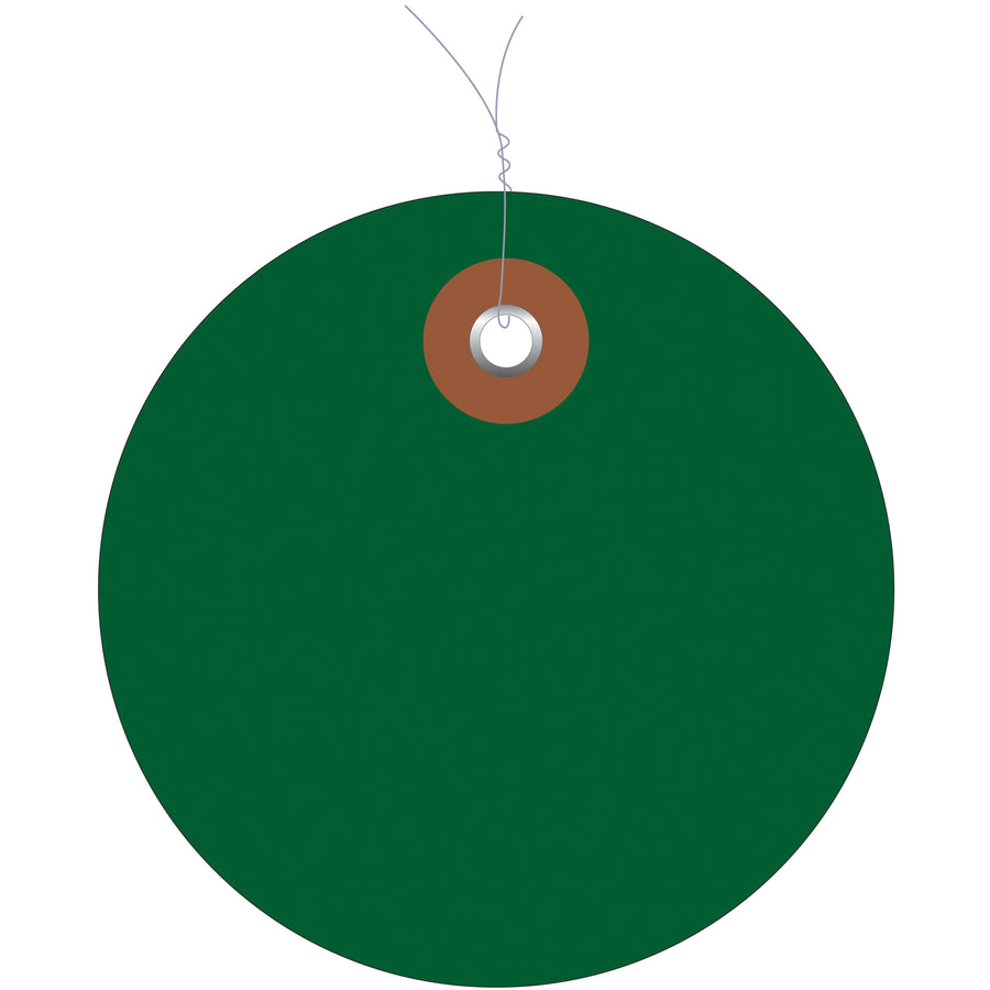 Durable 3" green vinyl circle tags come pre-wired with metal eyelets, eliminating assembly time and reducing labor costs. Waterproof construction withstands rough indoor and outdoor conditions without fading or deterioration. Each case contains 100 tags–ideal for high-volume shipping, inventory management, and asset tracking operations.