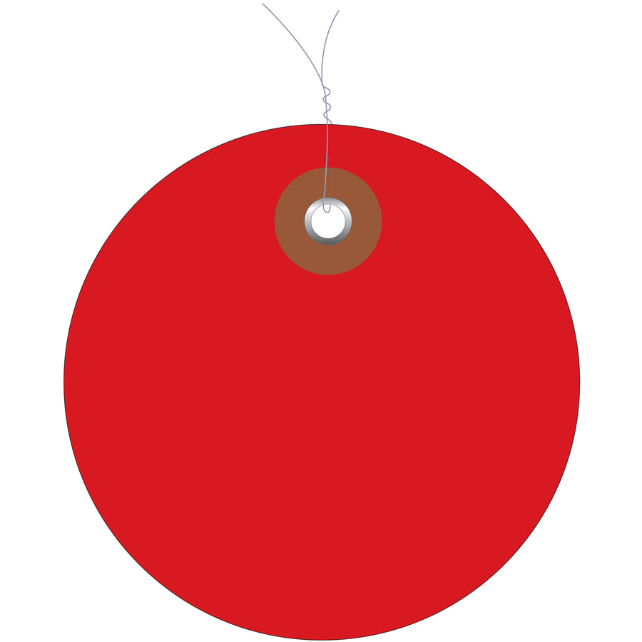 Durable 3" red vinyl circle tags with pre-installed wire and metal eyelets‚ready to attach out of the box. Built for rough indoor/outdoor conditions with waterproof material. Each case includes 100 tags; additional 12" wire available separately (SKU G2500).