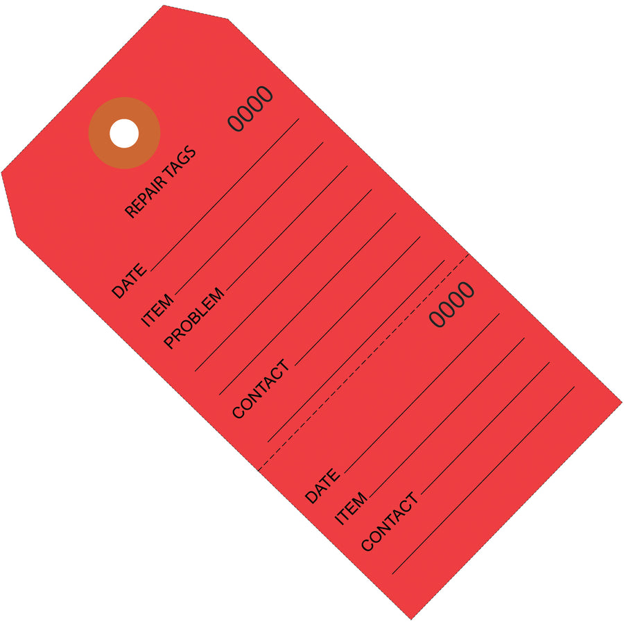 Track repairs accurately with these consecutively numbered red repair tags. Two-part design on durable 10-point paper makes logging and documentation effortless. Sold by the case (1,000 tags) with optional cotton string or wire attachments for secure application.