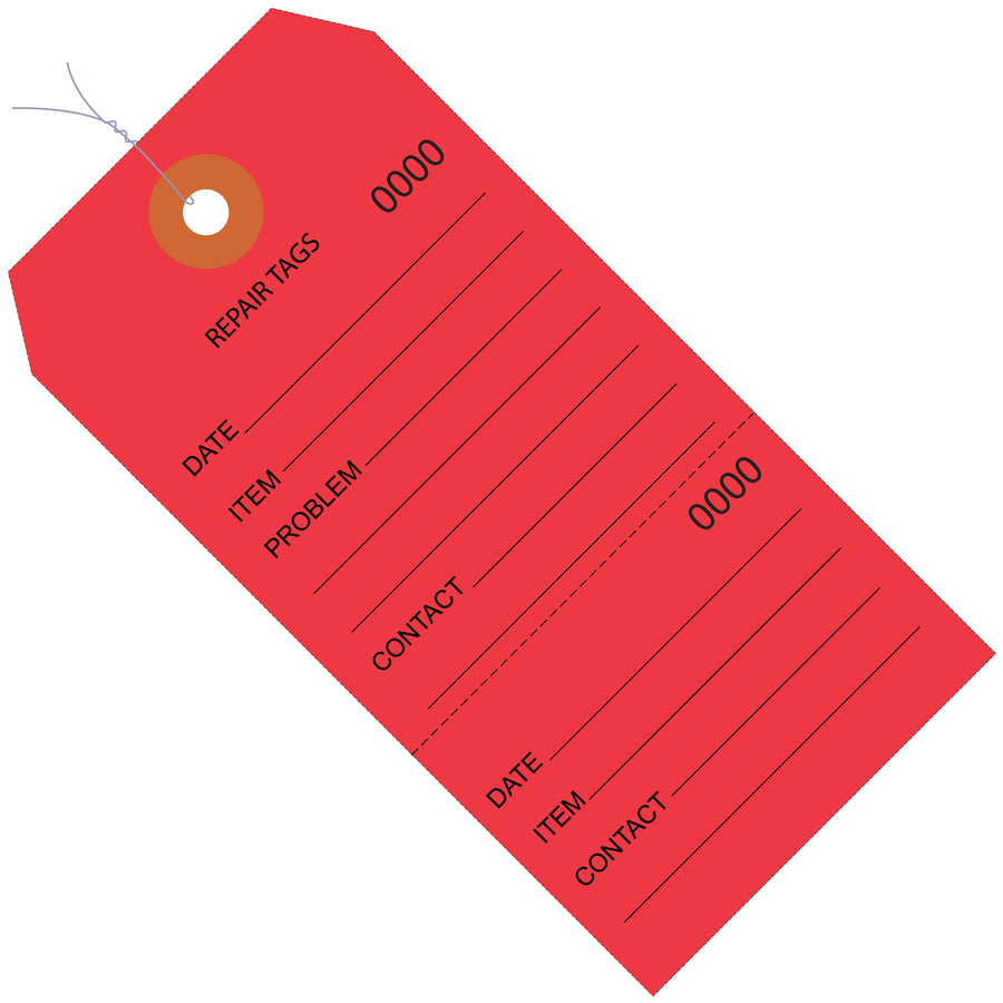 Pre-wired red repair tags keep maintenance work organized and documented with consecutive numbering. Durable 10-point paper construction, 6.25" x 3.13" size splits between customer and product. Sold by the case of 1,000 for maximum cost efficiency.